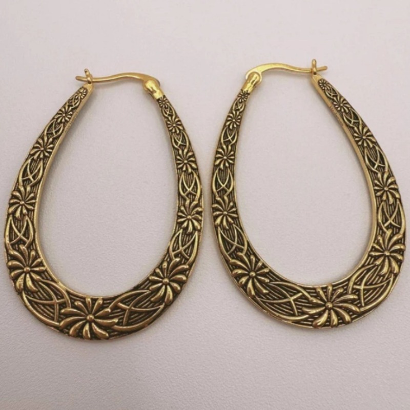 Bohemian Retro Floral Pattern Hoop Earrings, Casual Style